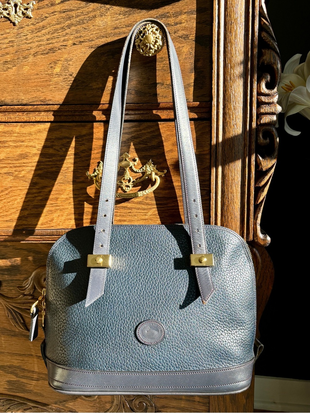 Vintage Dooney & Bourke Navy Blue AWL Leather Dome Satchel Bag USA A7 613688